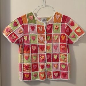 Vintage Y2K Susan Bristol Multicolor Heart Button Down Hand Knit Cardigan SZ Sm